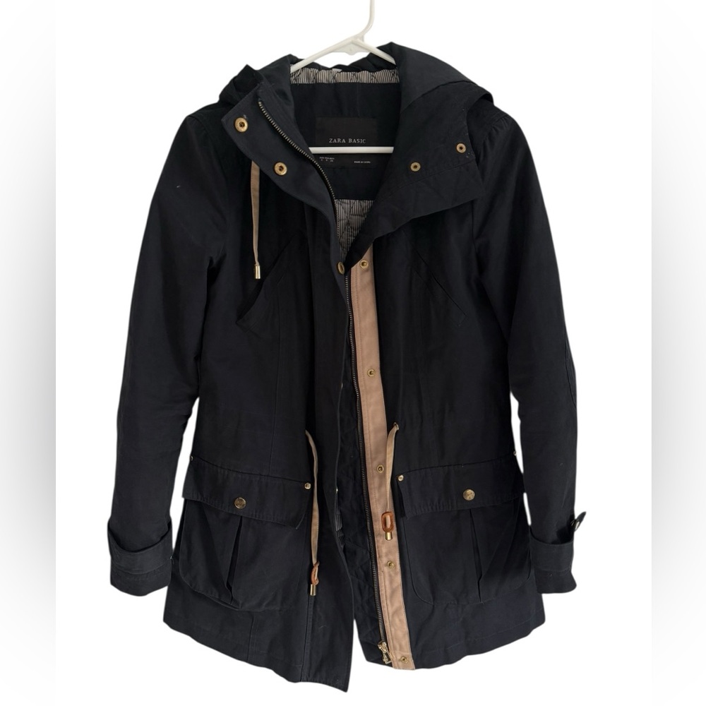 ZARA Basic Navy Utility Jacket | Hooded Anorak Coat with Drawstring Waist